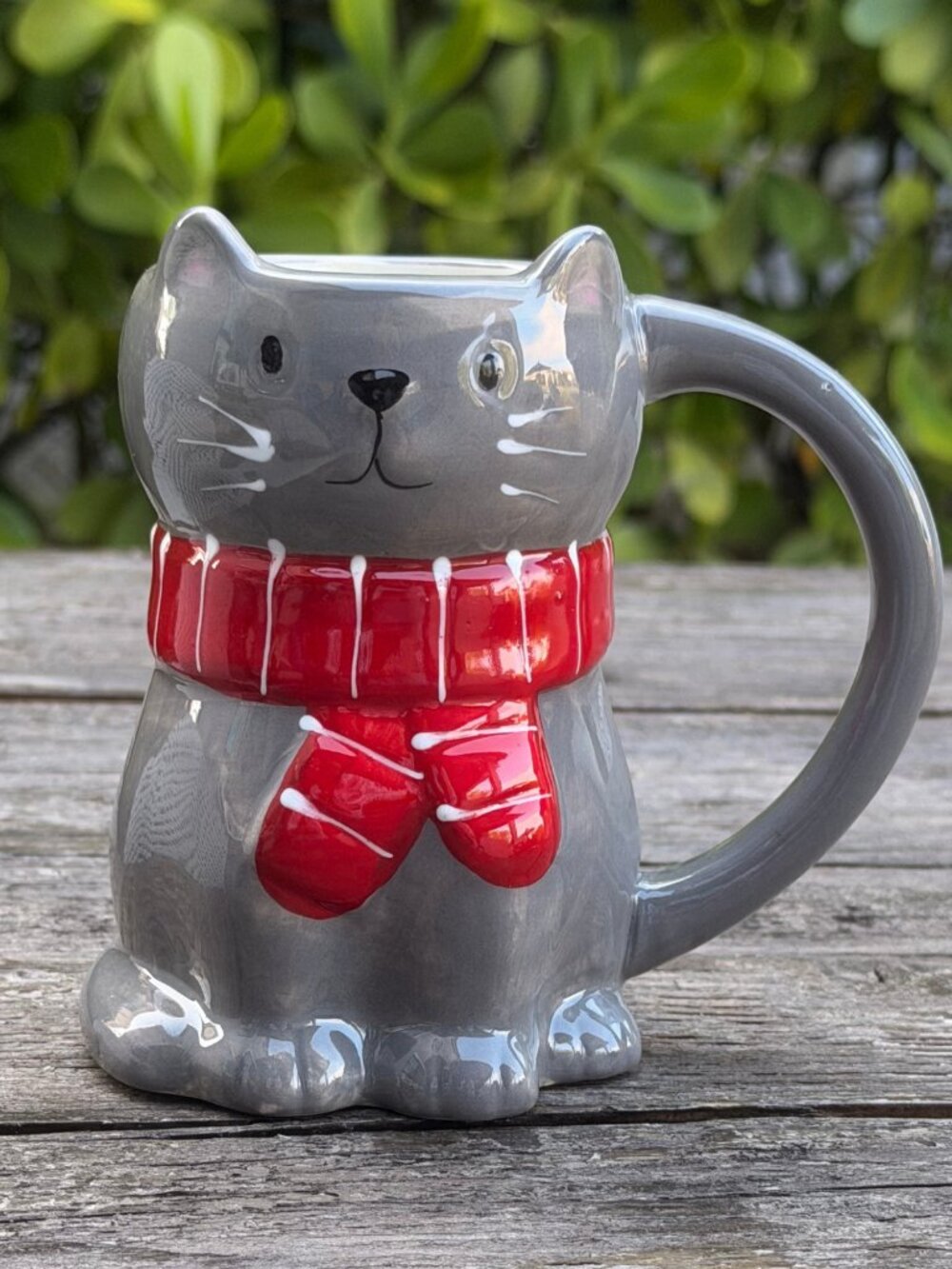 Wondershop Earthenware Christmas Grey Kitty Cat Coffee Mug 2025 Red Scarf 13oz